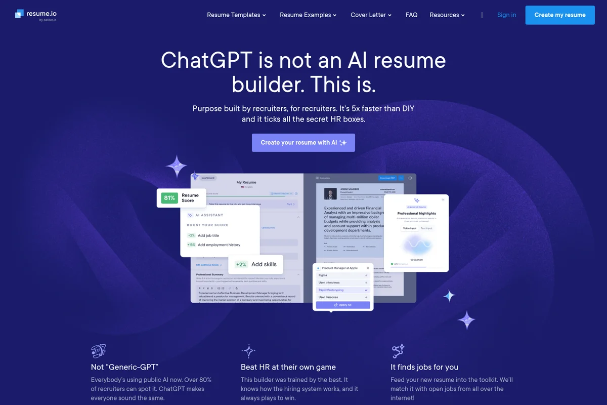 Resume.io homepage showcasing AI resume builder features with dynamic product UI mockups and a dark theme.
