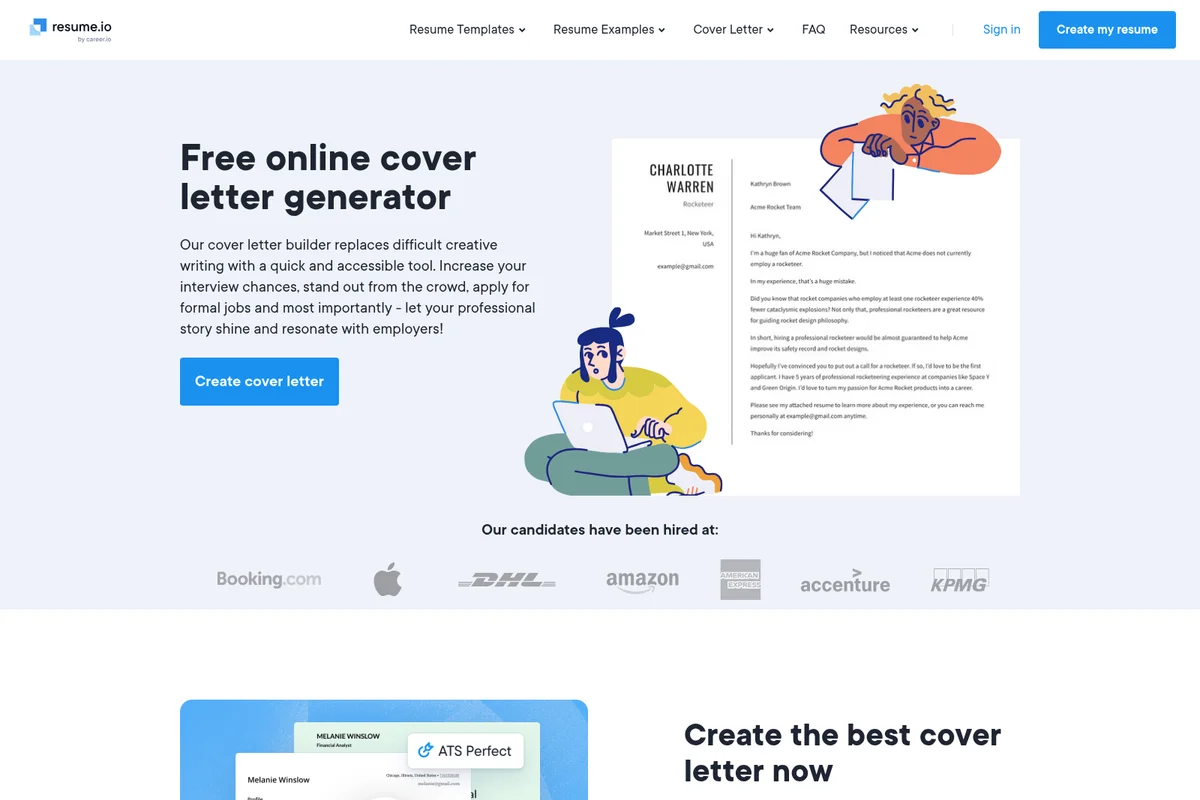 resume.io cover letter generator landing page showing a professional cover letter output sample and an illustrative interface.