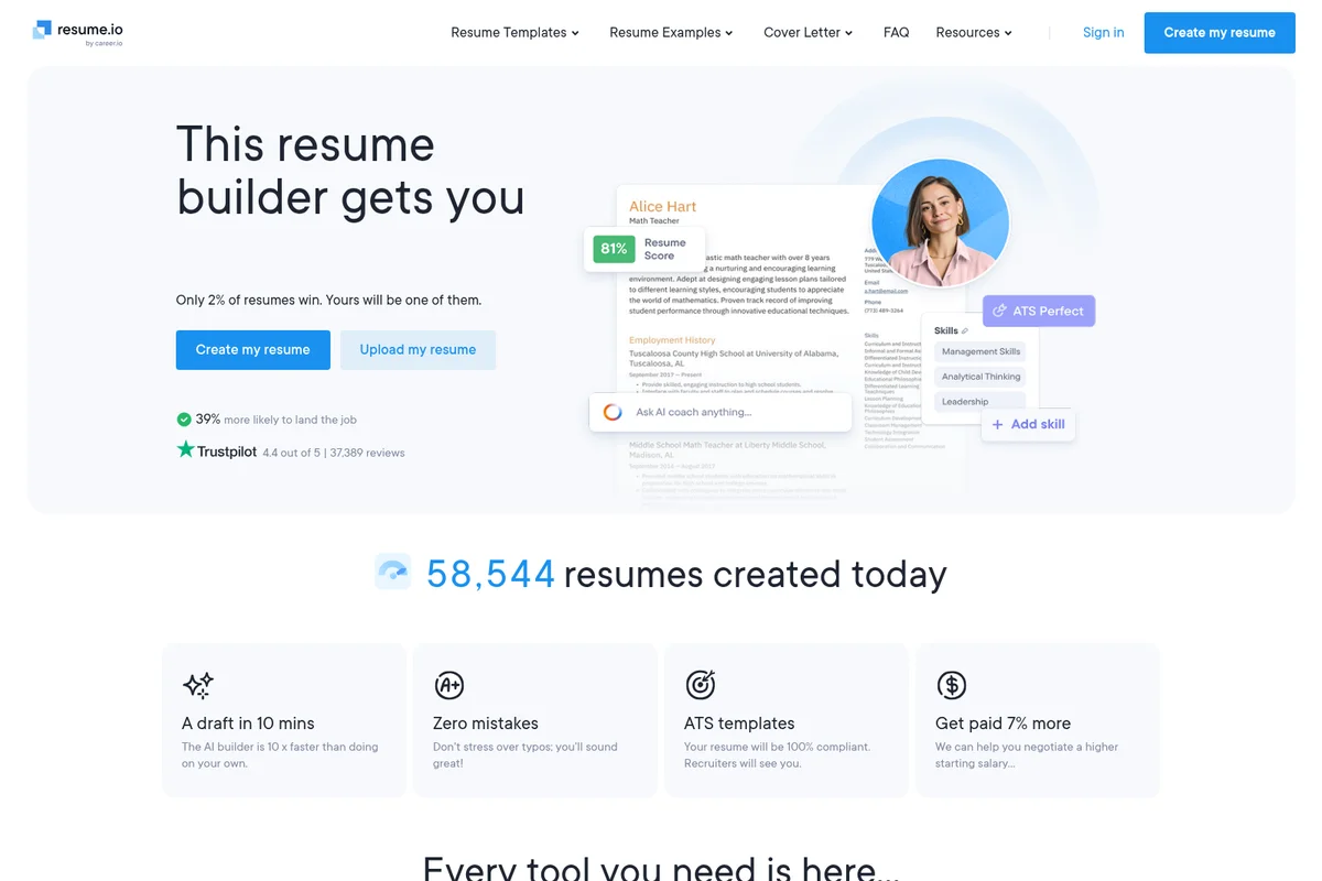 Resume.io homepage hero showing an AI-powered resume builder interface with score, ATS Perfect status, and skill suggestions.