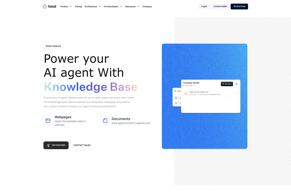 Retell AI feature deep dive showing how to manage knowledge base sources by syncing webpages with a modern, clean interface.