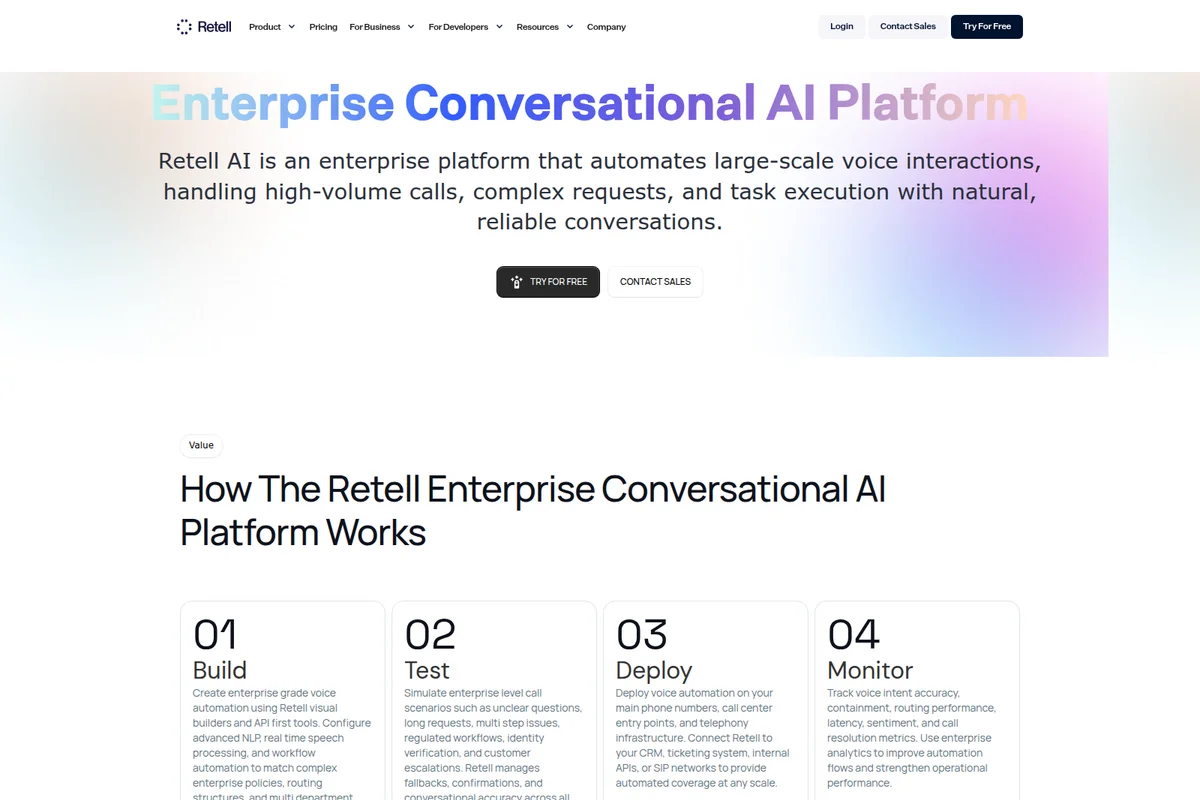 Retell AI landing page showing the Enterprise Conversational AI platform's value proposition and how it works.