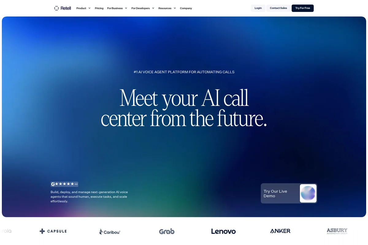 Retell AI homepage hero promoting its AI call center platform with a modern dark gradient and glassmorphism interface.