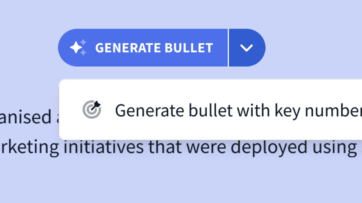 Rezi's AI writing assistant showing the 'Generate Bullet' feature with an open dropdown for 'Generate bullet with key number' in a clean light interface.