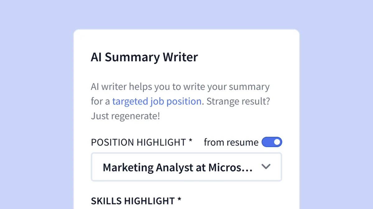Rezi AI Summary Writer showing interface to generate summaries, selecting 'Marketing Analyst' role from resume with a clean UI.