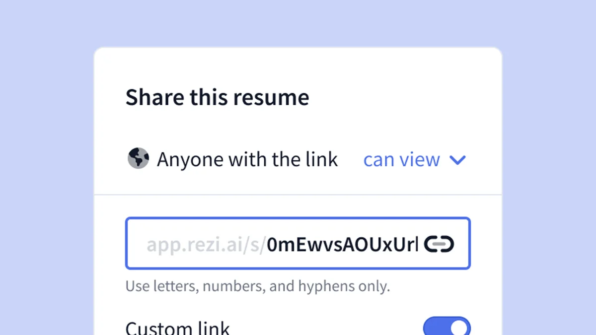 Rezi workspace UI displaying a resume sharing modal with customizable public link options in a clean light theme.