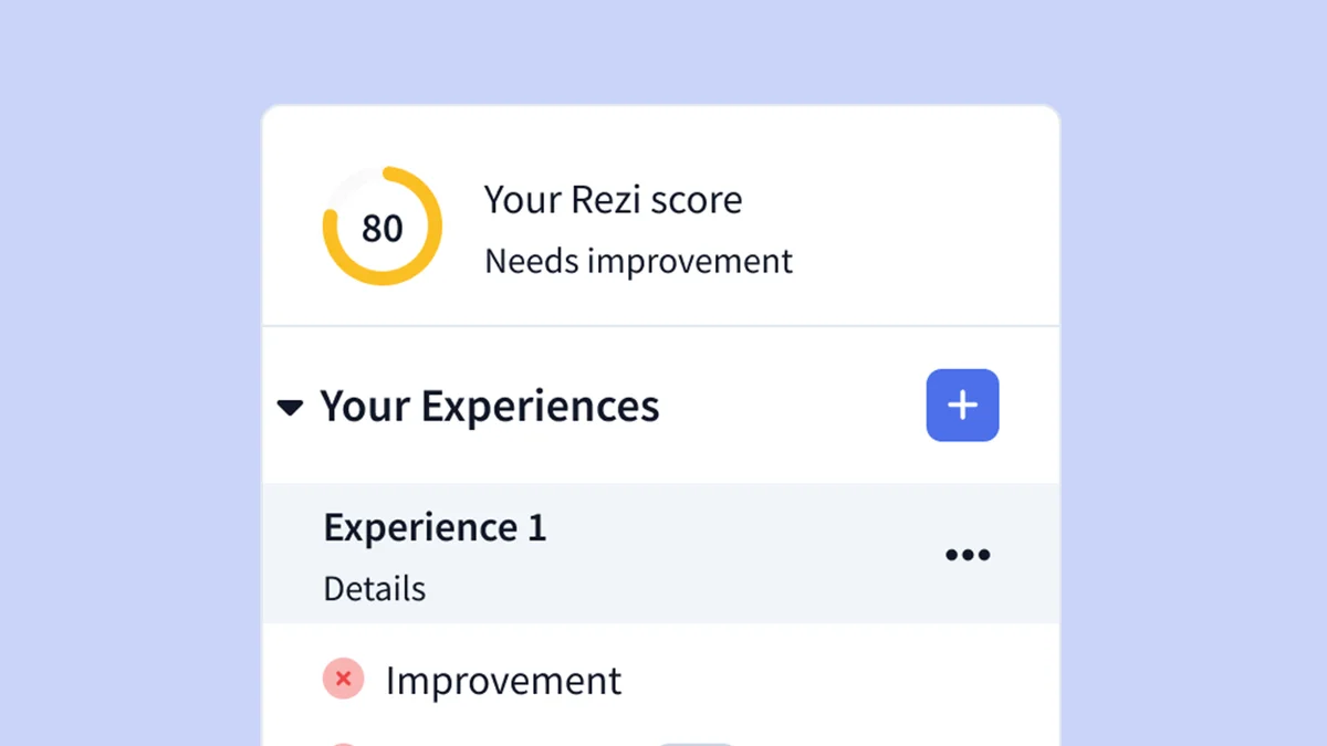 Rezi workspace UI showing a user's Rezi score of 80 and a list of their Experiences in a clean, light-themed interface.