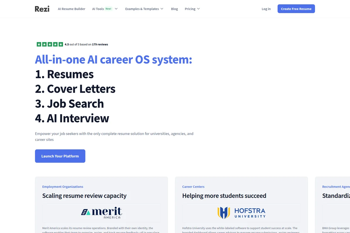 Rezi landing page hero showcasing the all-in-one AI career OS system for resumes, cover letters, job search, and AI interview features with a clean, modern interface.
