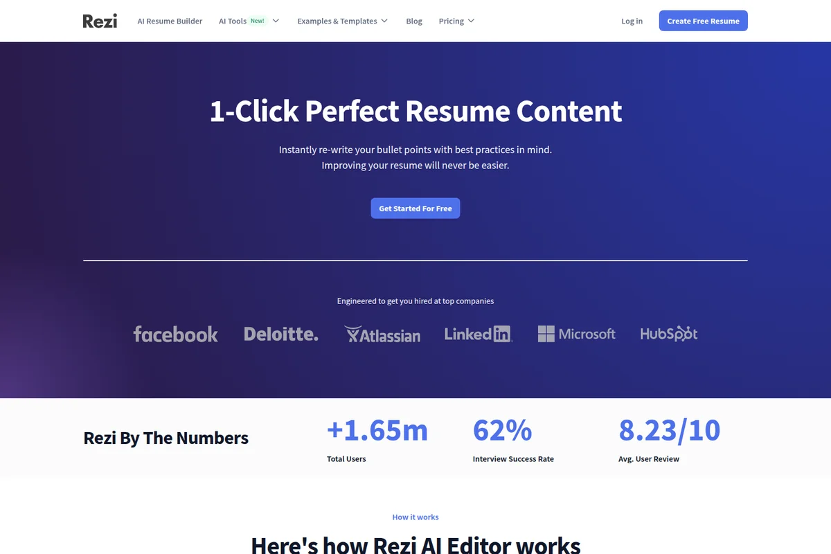 Rezi landing page highlighting AI resume content generation and success metrics with a modern dark gradient interface.