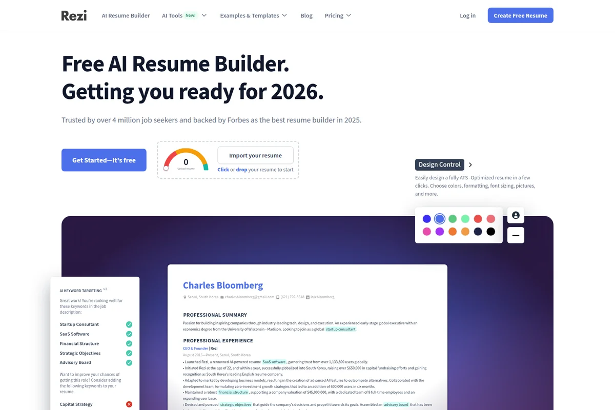 Rezi AI resume builder workspace showing AI keyword targeting and design controls optimizing a resume with a modern, clean interface.