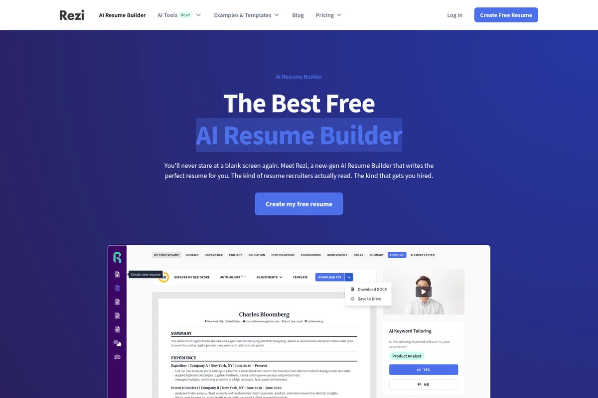 Rezi AI Resume Builder landing page showing a resume workspace with AI keyword tailoring and download options in a modern blue gradient interface.
