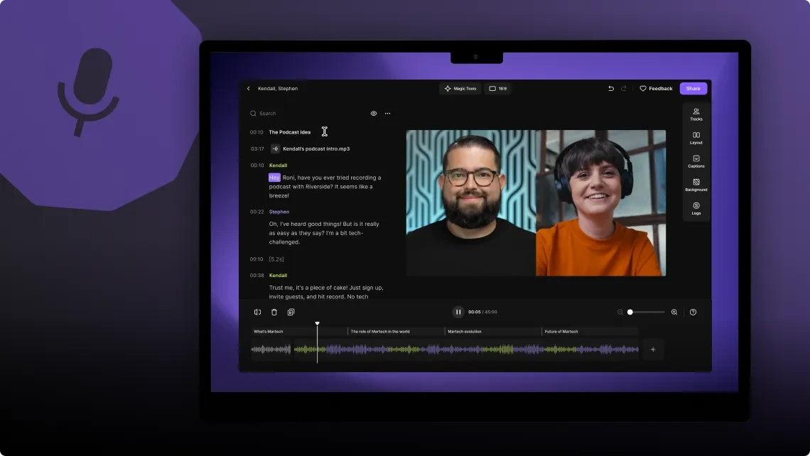 Riverside workspace showing live transcript editing and video podcast production with a dark-mode interface.