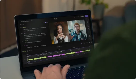 Riverside.fm workspace showing multi-track video and audio recording with a live transcript and dark-mode interface.
