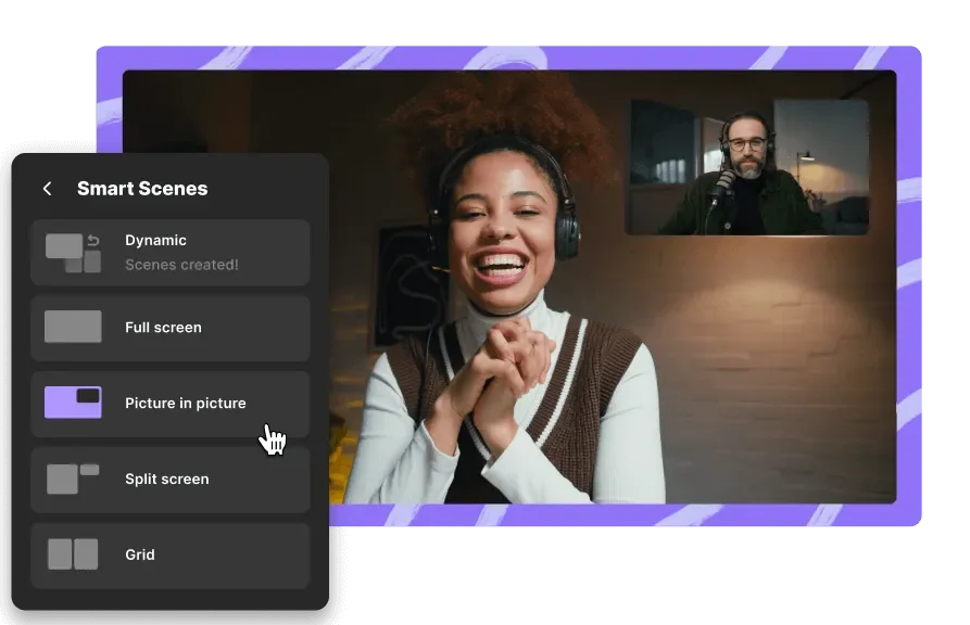 Riverside video recording interface demonstrating 'Smart Scenes' feature with picture-in-picture layout selected for a live call in a dark theme.