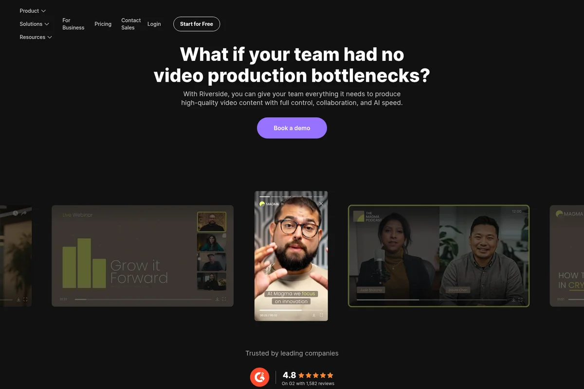 Riverside landing page featuring a hero section on video production solutions and examples of created content in a dark-themed interface.