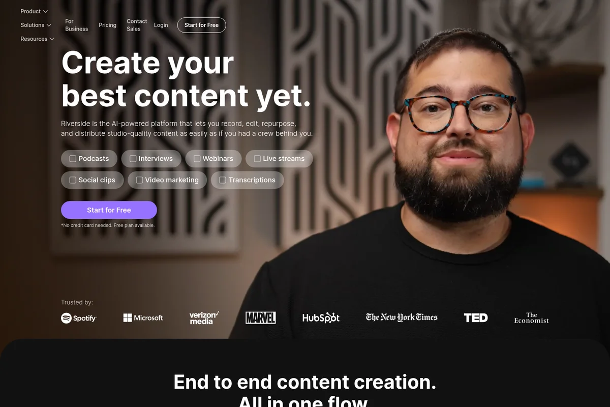 Riverside homepage hero showing a smiling content creator promoting AI-powered studio-quality content creation features.