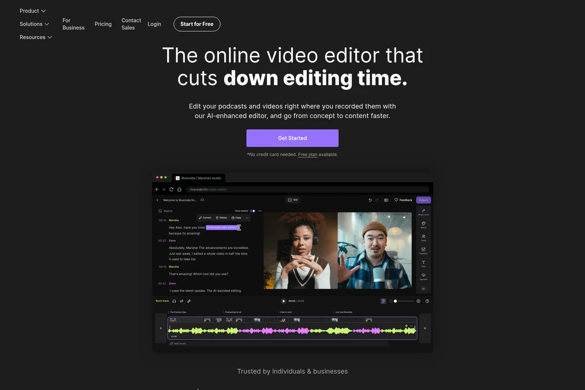 Riverside video editor workspace showing AI-powered transcription editing and video timeline with a sleek dark-mode interface.