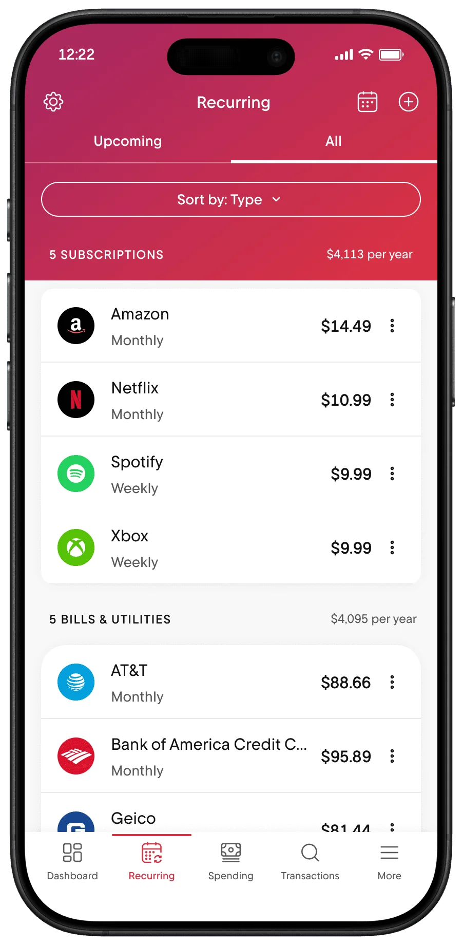 Rocket Money recurring expenses dashboard showing managed subscriptions and bills in a clean, modern mobile app interface.