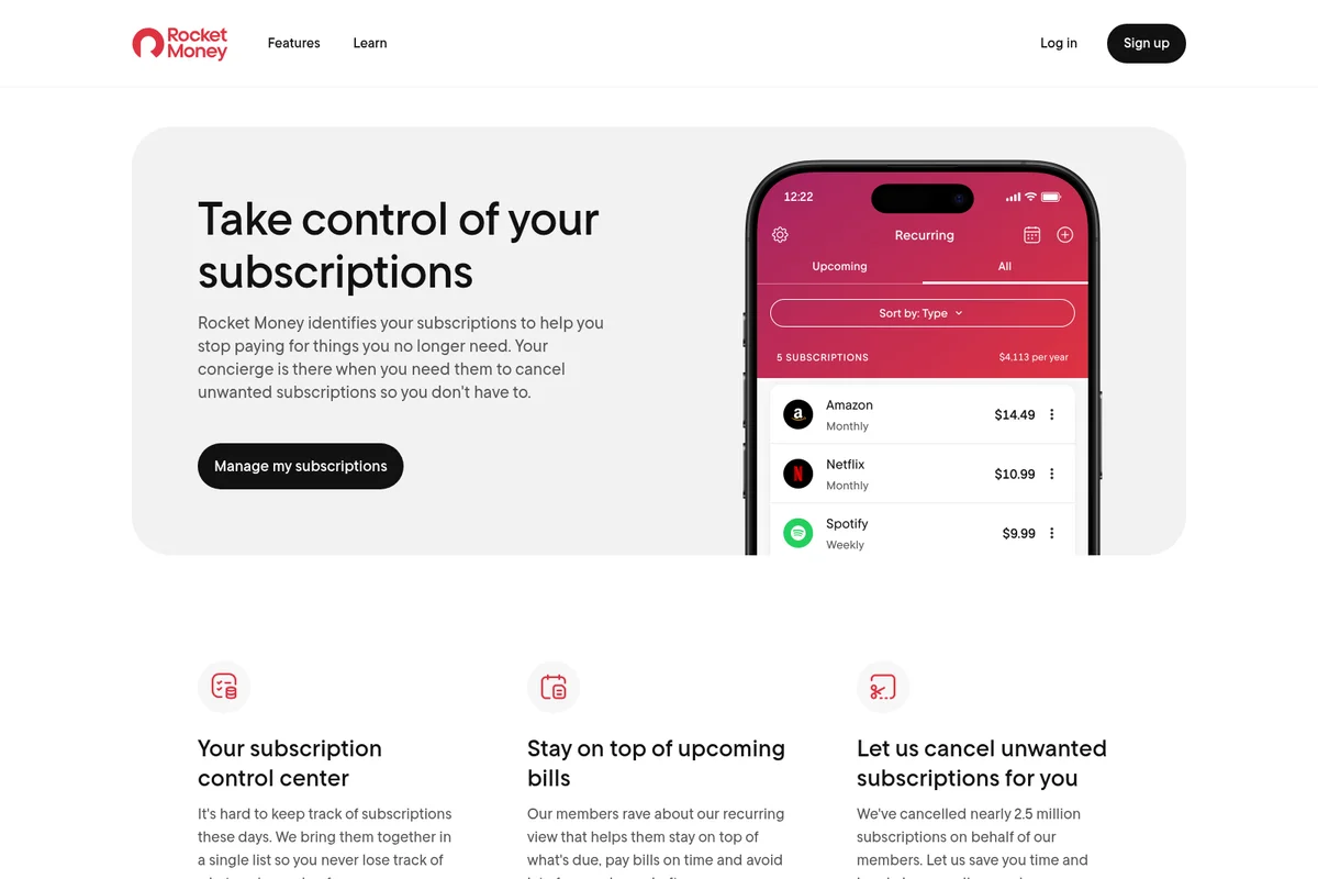 Rocket Money feature page showing mobile app managing recurring subscriptions with a clean, modern interface.