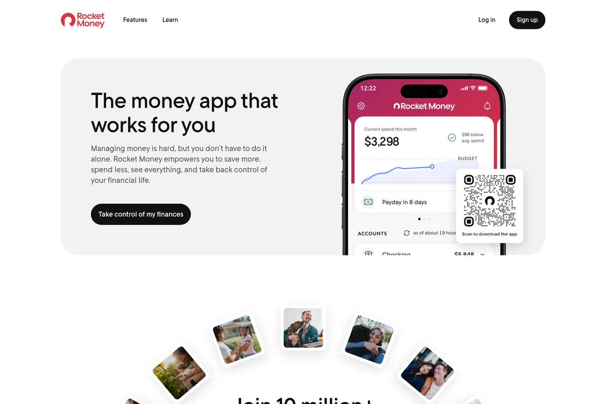 Rocket Money landing page hero showing the mobile app tracking current spend and upcoming payday with a clean, modern UI.
