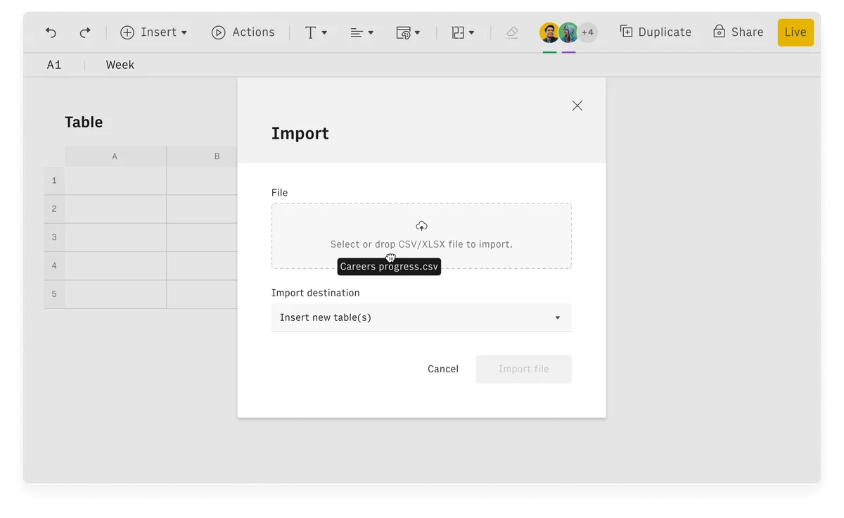 Rows workspace UI showing an active import modal for a CSV file named 'Careers progress.csv' with a clean light-themed interface.