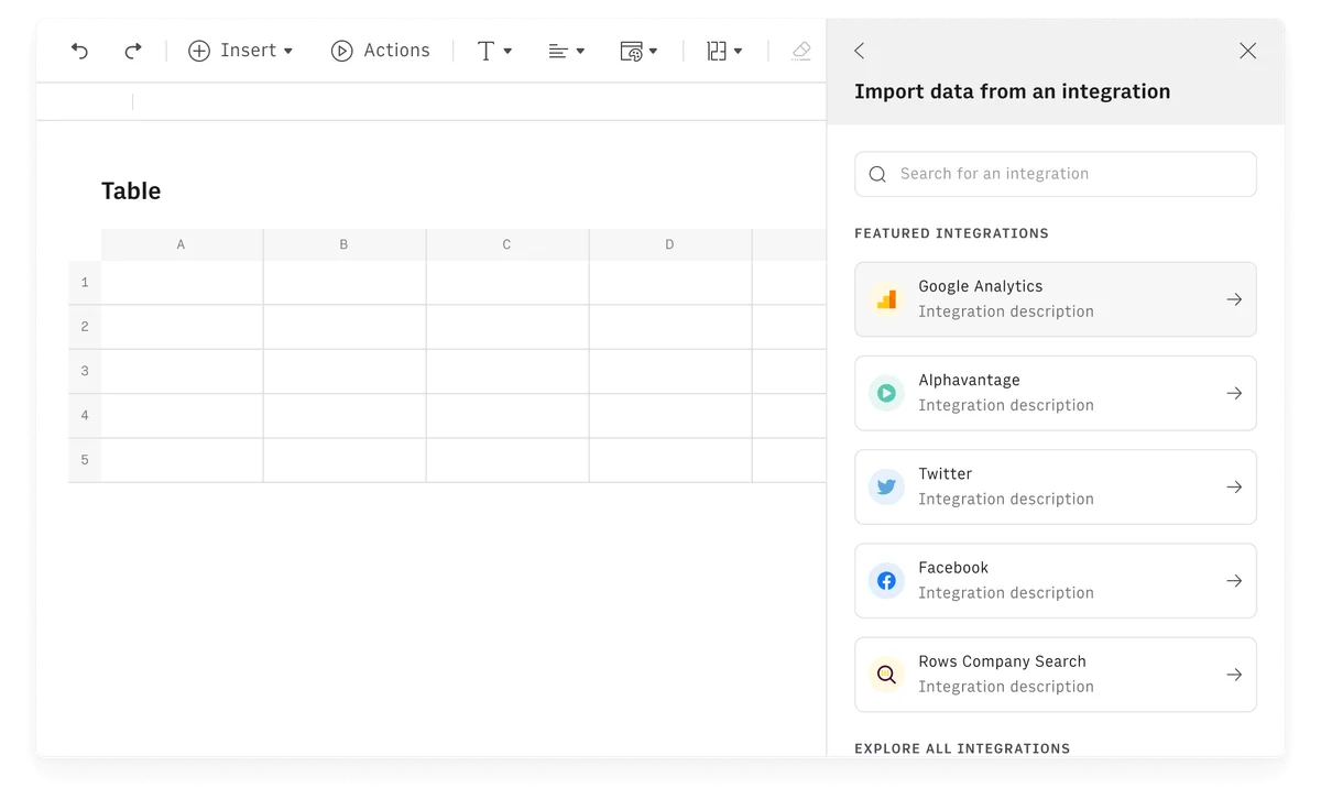Rows spreadsheet application showing an integration panel for importing data from Google Analytics and other services.