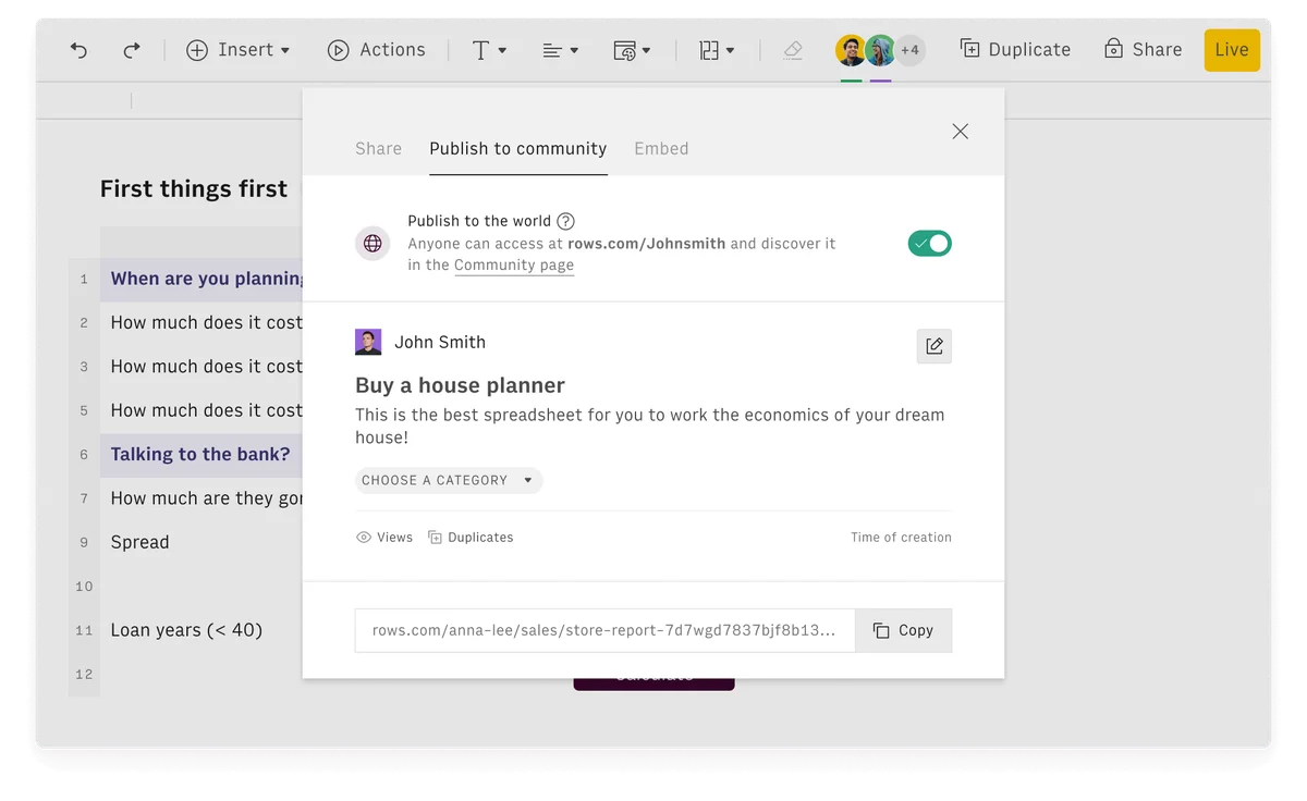 Rows spreadsheet tool showing the 'Publish to community' modal for a 'Buy a house planner' spreadsheet with a clean, modern interface.