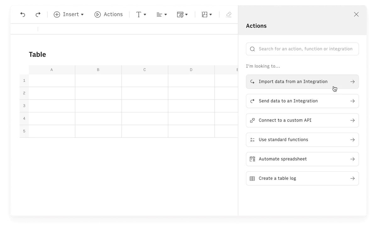 Rows spreadsheet UI showing the 'Actions' panel open, offering options like 'Import data from an Integration' and 'Send data to an Integration' within a clean, light-themed interface.