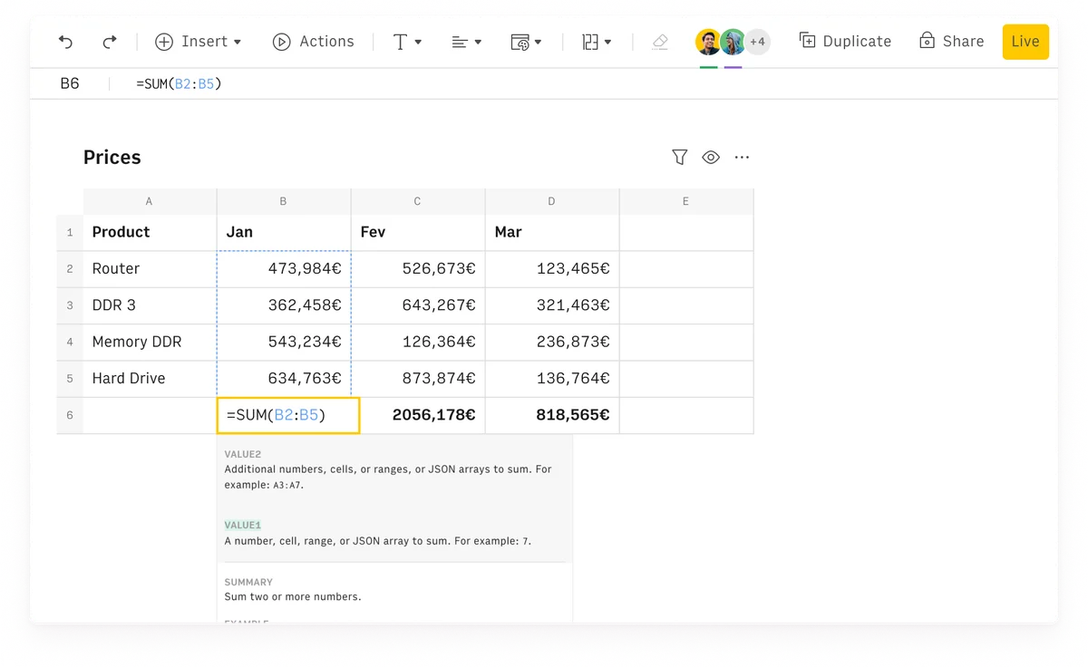 Rows spreadsheet UI showing a SUM formula calculating monthly totals for product prices in a clean, modern interface.