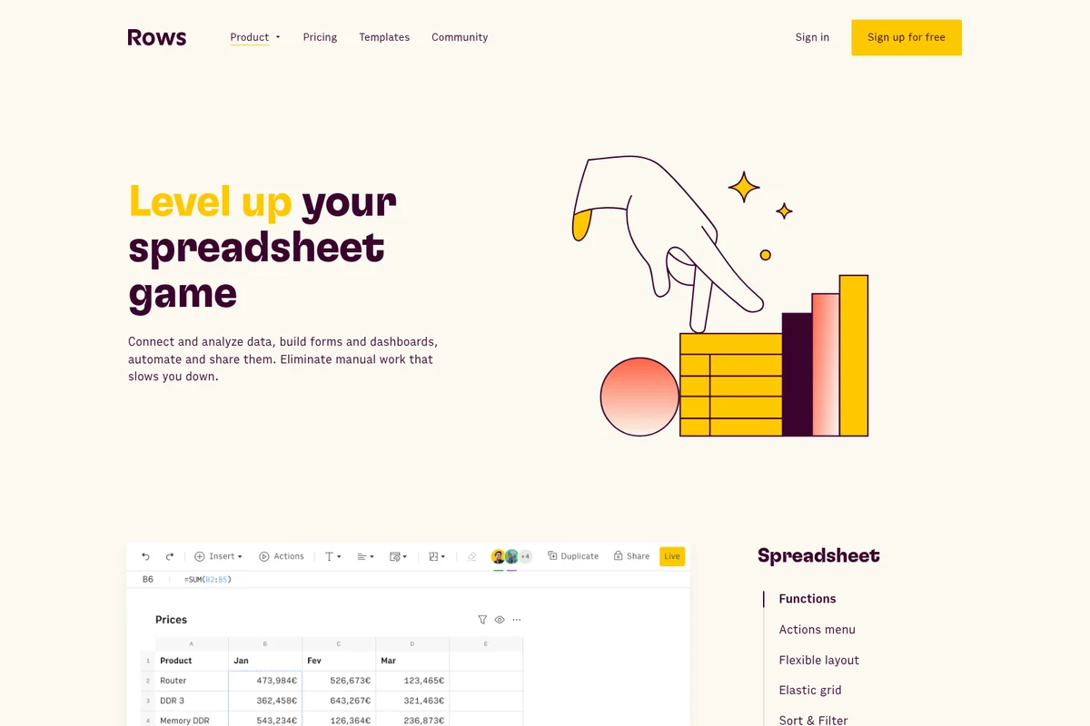 Rows features page showcasing an engaging illustration of spreadsheet data and a clean UI displaying a product sales table.