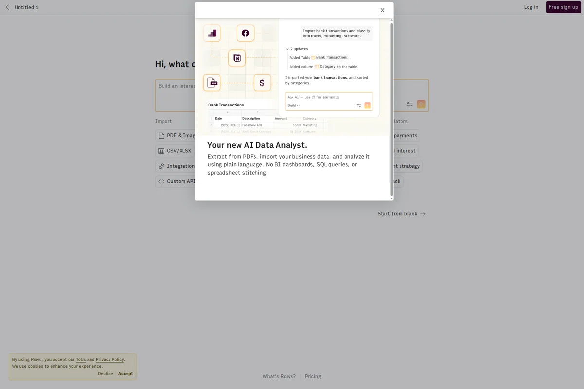 Rows homepage displaying an AI Data Analyst modal demonstrating bank transaction categorization with a clean spreadsheet UI.