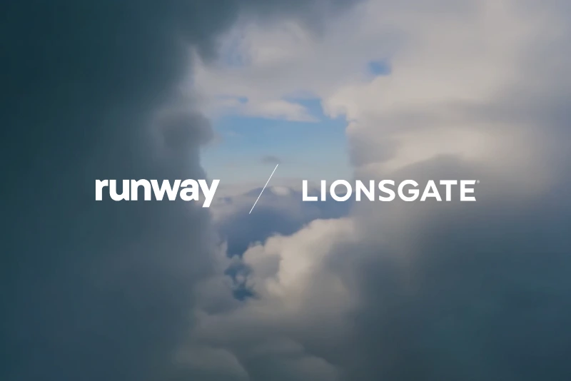 Runway and Lionsgate logos displayed in white against a dramatic cloudy sky background, symbolizing a partnership.