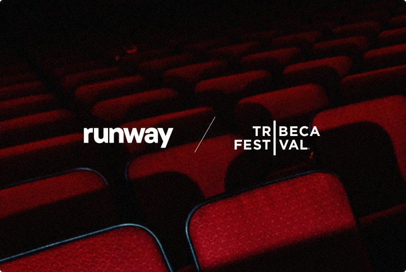 Runway brand partnership graphic displaying 'runway' and 'Tribeca Festival' logos over dark red cinema seats.