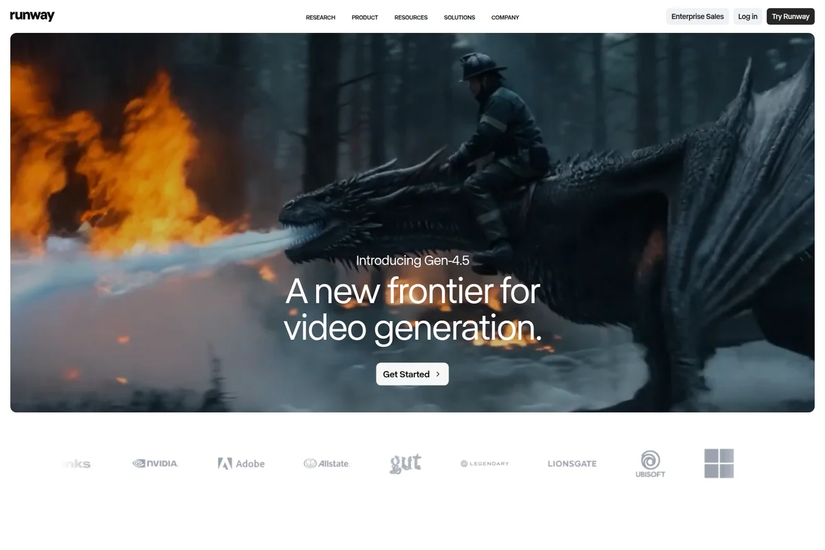 Runway homepage hero showcasing a generated video of a firefighter riding a dragon breathing ice, promoting 'A new frontier for video generation' with a dramatic dark theme.
