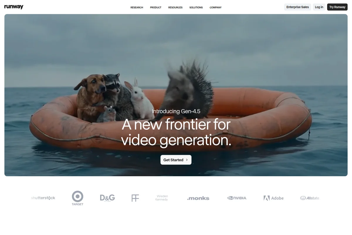 Runway landing page hero showcasing Gen-4.5 video generation with a photorealistic image of diverse animals in a lifeboat on the ocean.