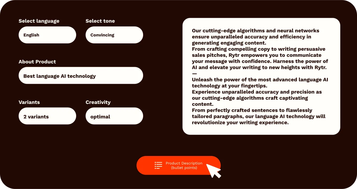 Rytr workspace UI showing content generation from input parameters in a dark-themed modern interface.