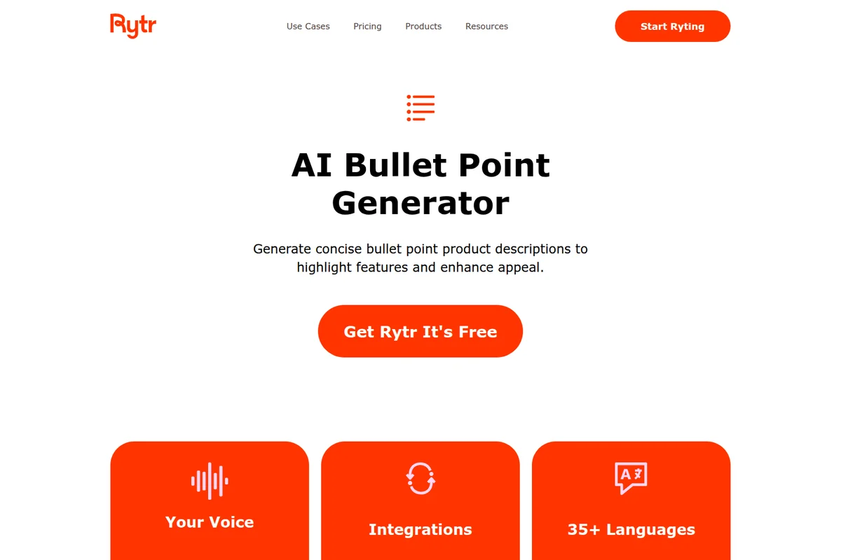 Rytr feature page showing the AI Bullet Point Generator with a clean, modern interface.