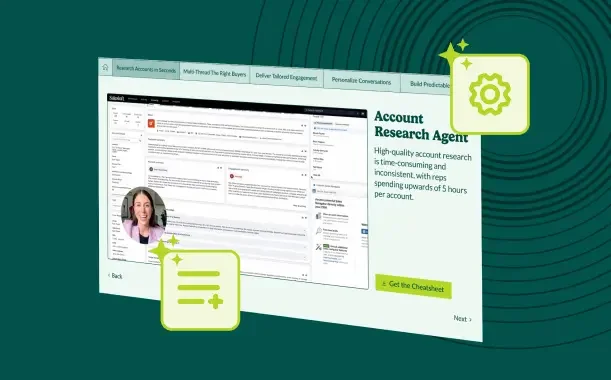 Salesloft feature deep-dive showing the Account Research Agent interface with a clean, modern design.