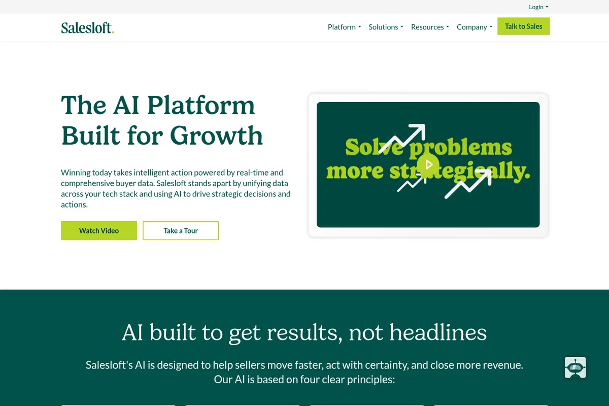 Salesloft landing page hero showcasing the AI platform's growth focus with a strategic problem-solving video preview.