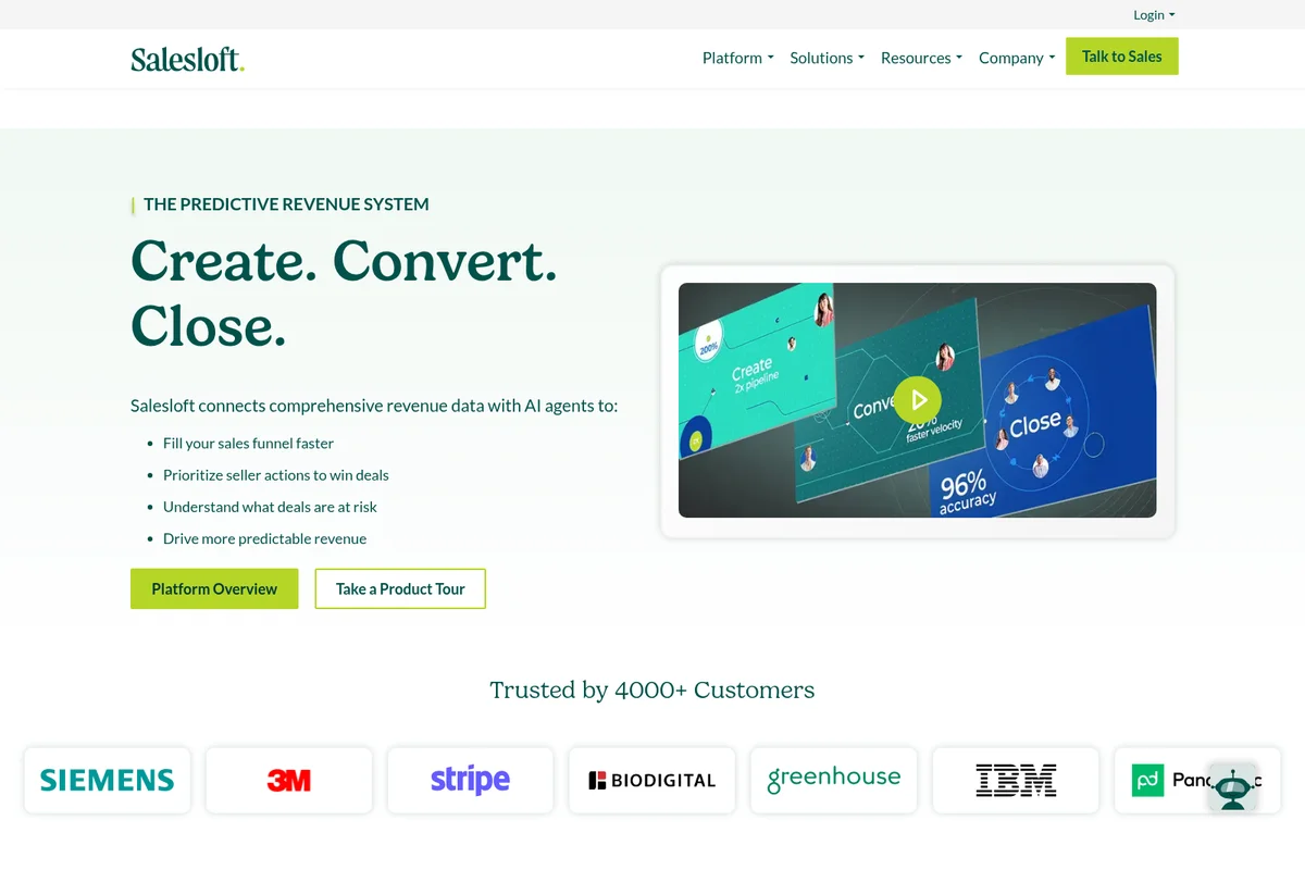 Salesloft homepage hero section showcasing 'Create. Convert. Close.' sales funnel stages with dynamic product mockups and customer logos.