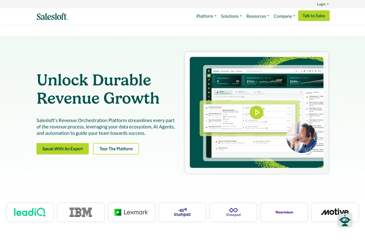 Salesloft Revenue Orchestration Platform dashboard displaying sales pipeline, tasks, and a call coaching feature.