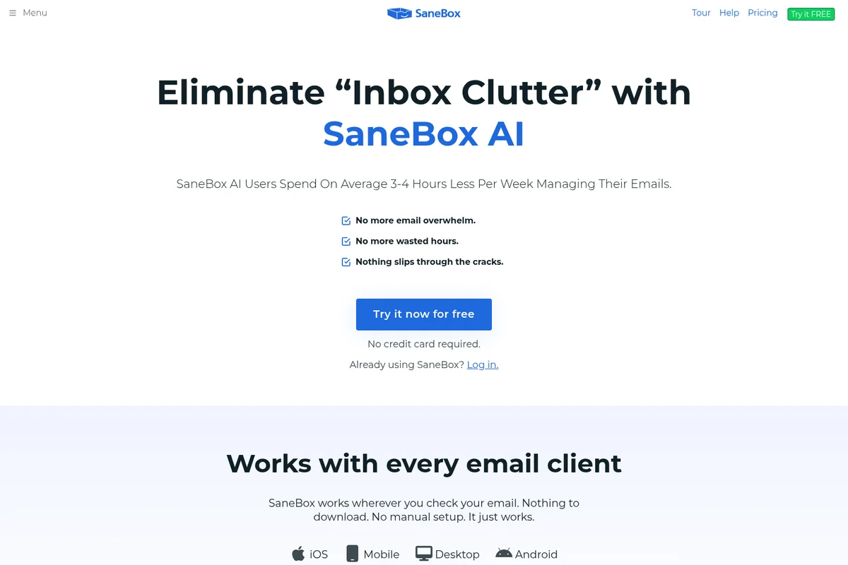 SaneBox homepage hero promoting AI-powered email management to eliminate inbox clutter with a clean, modern interface and blue accents.