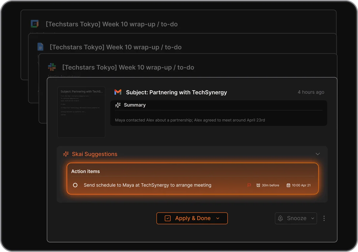 Saner-ai workspace UI displaying AI-generated action items from an email summary in a dark-mode sleek interface.