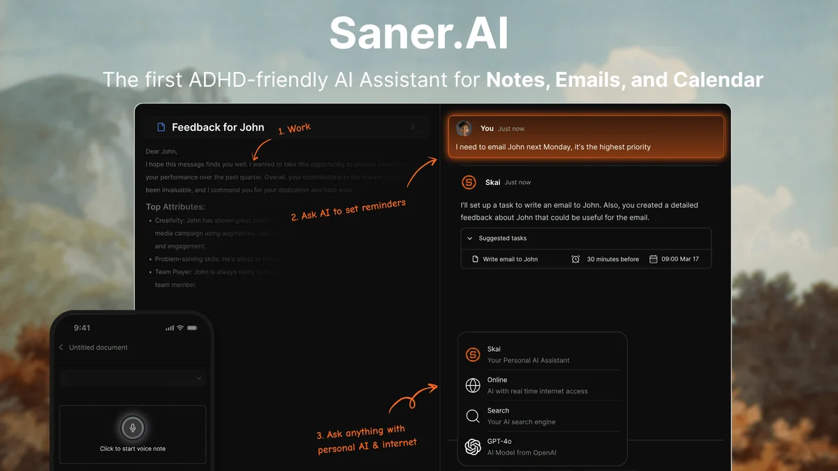 Saner.AI workspace UI showing AI assistant managing tasks and notes with a dark-mode interface.