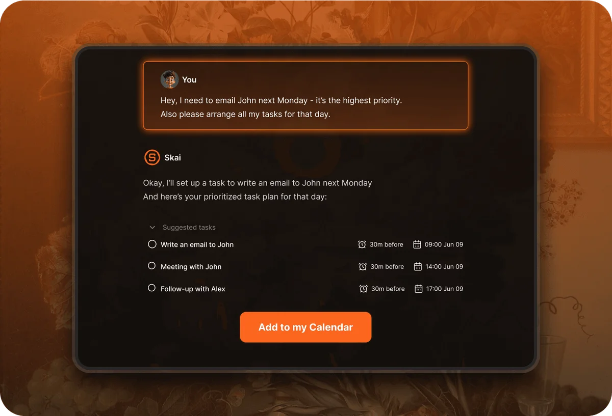 Saner-ai Skai AI assistant showing a user's task request and the AI's prioritized task plan in a dark-mode interface.