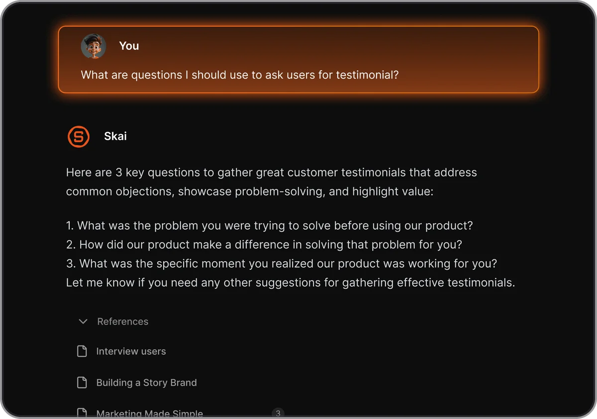 saner-ai AI assistant providing key testimonial questions to a user in a dark-themed chat interface.