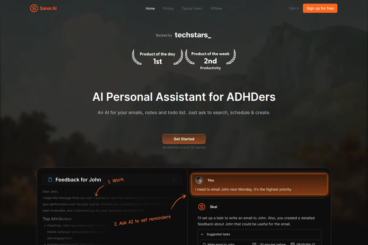 Saner.AI homepage showcasing an AI personal assistant setting reminders and generating feedback within a dark-mode interface.