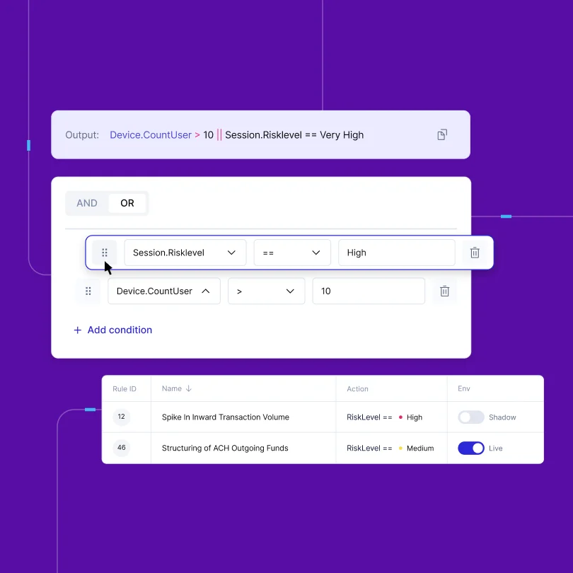 Sardine rule editor showing logic for risk level and device count conditions with a dark-mode interface.