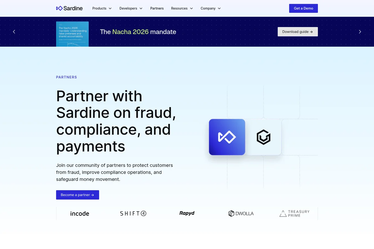 Sardine Partners page showing the partner ecosystem for fraud, compliance, and payments with a modern, clean interface.