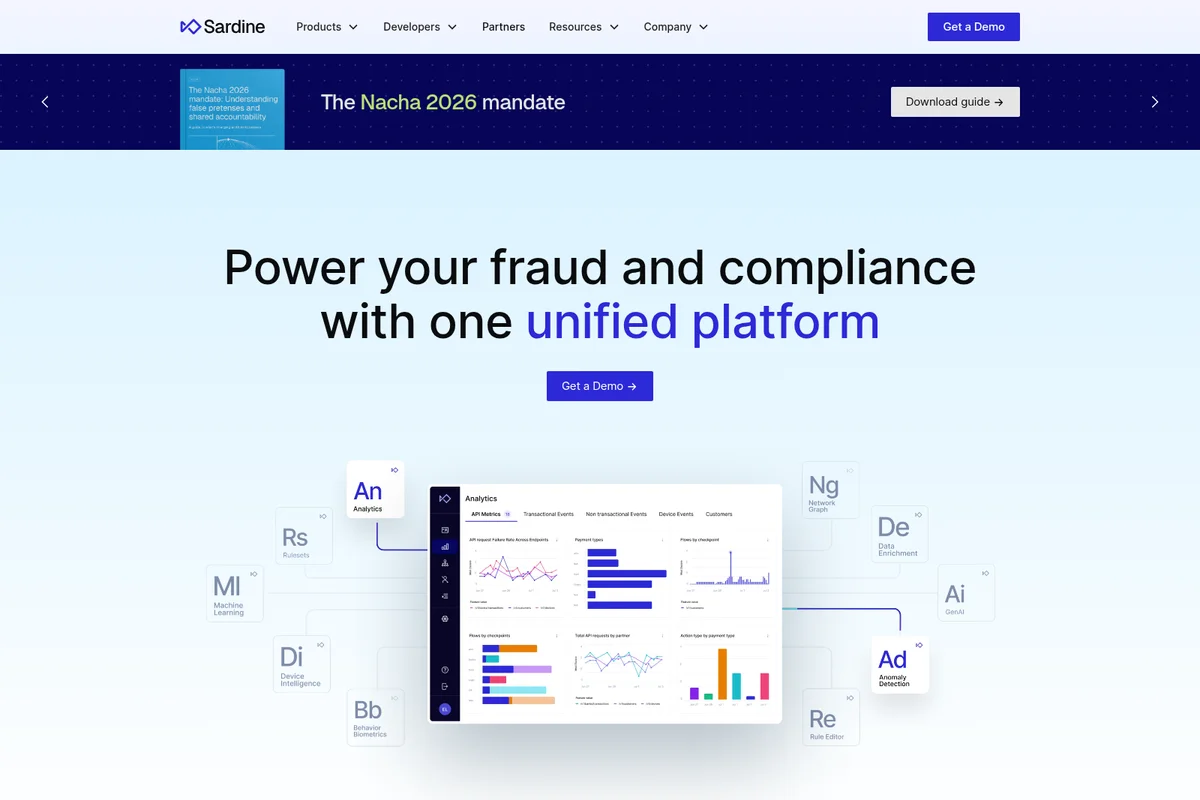 Sardine platform page featuring a unified analytics dashboard for fraud and compliance monitoring, showing various data visualizations.