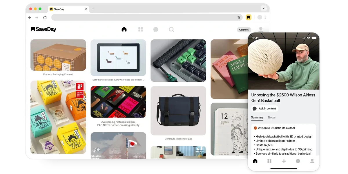 SaveDay content saving platform showing web grid and mobile app summarizing a video on a futuristic basketball with a clean multi-platform interface.